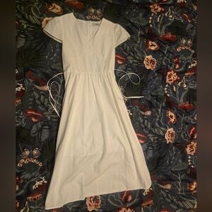 White Midi Dress with Subtle Black Trim. One Size Korean Dress, Twee